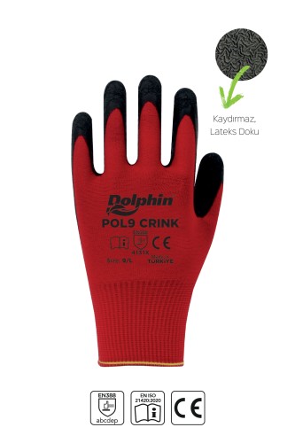 Dolphin Polyester Lateks İş Eldiveni Kırmızı/Siyah POL9 CRINK 9-L 1 Çi - Thumbnail