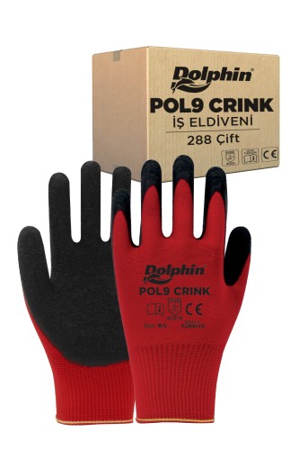 Dolphin Polyester Lateks İş Eldiveni Kırmızı/Siyah POL9 CRINK 9-L 288 Çift - Koli - 1