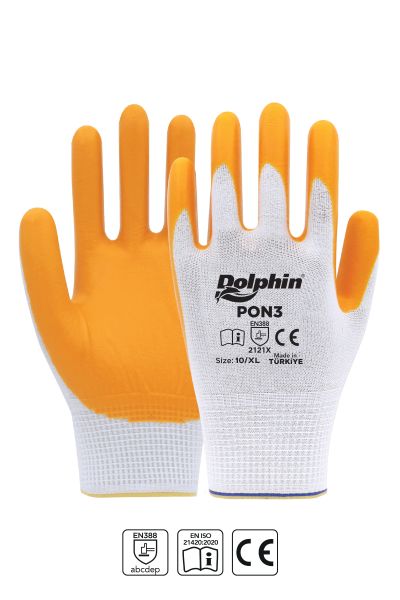 Dolphin Polyester Nitril İş Eldiveni Beyaz/Sarı PON3 10-XL 1 Çift