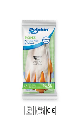 Dolphin Polyester Nitril İş Eldiveni Beyaz/Sarı PON3 10-XL 1 Çift - Thumbnail