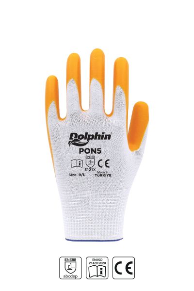 Dolphin Polyester Nitril İş Eldiveni Beyaz/Sarı PON5 9-L 1 Çift