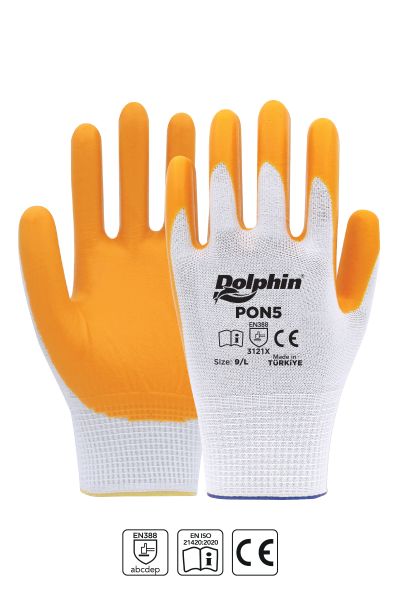 Dolphin Polyester Nitril İş Eldiveni Beyaz/Sarı PON5 9-L 1 Çift