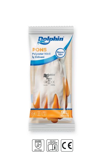 Dolphin Polyester Nitril İş Eldiveni Beyaz/Sarı PON5 9-L 1 Çift