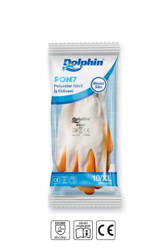 Dolphin Polyester Nitril İş Eldiveni Beyaz/Sarı PON7 10-XL 1 Çift - Thumbnail