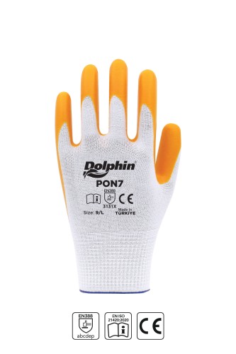 Dolphin Polyester Nitril İş Eldiveni Beyaz/Sarı PON7 9-L 1 Çift - Thumbnail