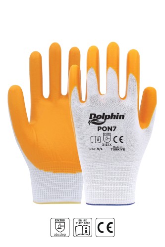 Dolphin Polyester Nitril İş Eldiveni Beyaz/Sarı PON7 9-L 1 Çift - 2