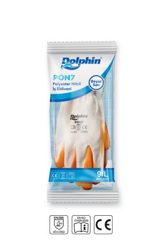 Dolphin Polyester Nitril İş Eldiveni Beyaz/Sarı PON7 9-L 1 Çift - 3