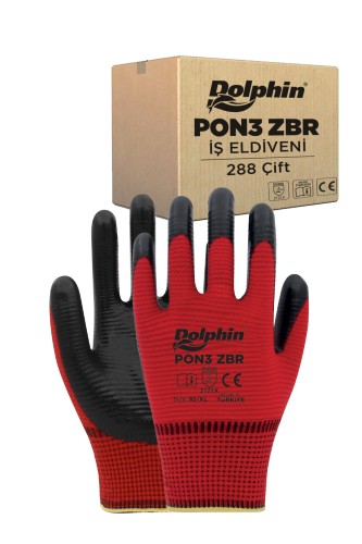 Dolphin Polyester Nitril İş Eldiveni Kırmızı/Siyah PON3 ZBR 10-XL 288 Çift - Koli - Dolphin