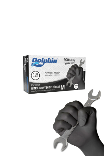 Dolphin Siyah Nitril Eldiven Pudrasız Ekstra Kalın M 100 Adet - Dolphin